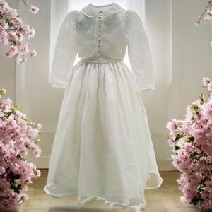 Vintage Girls White Flower Girl Dress | Sheer Overlay | Heirloom Formal Gown
